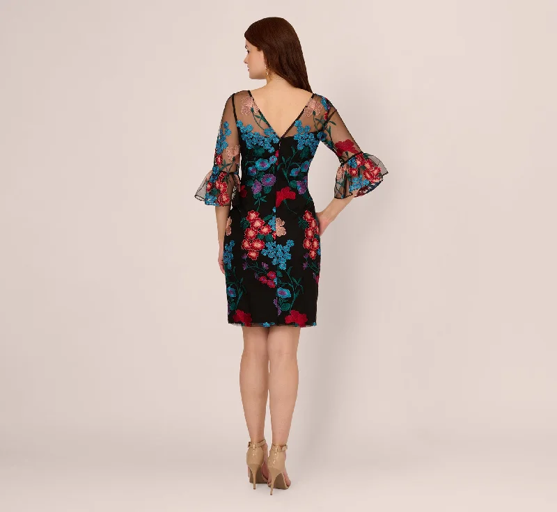 Multicolor Floral Embroidered Sheath Dress With Sheer Bell Sleeves In Black Multi