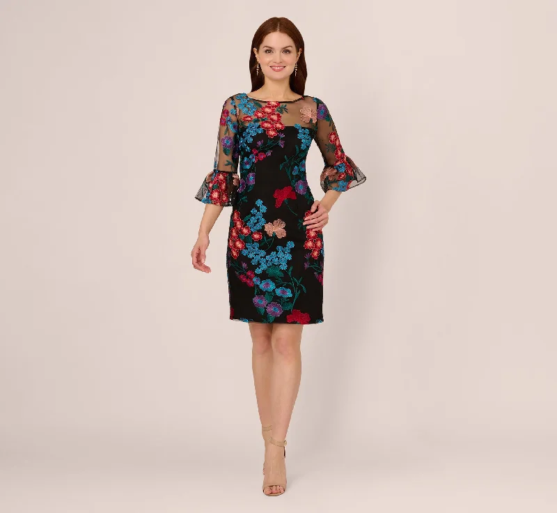 Multicolor Floral Embroidered Sheath Dress With Sheer Bell Sleeves In Black Multi