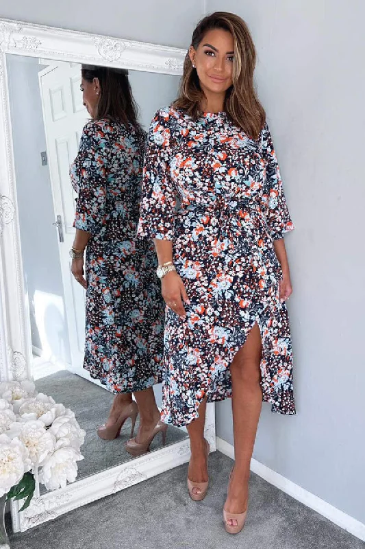 Navy Floral Wrap Tie Front Midi Dress