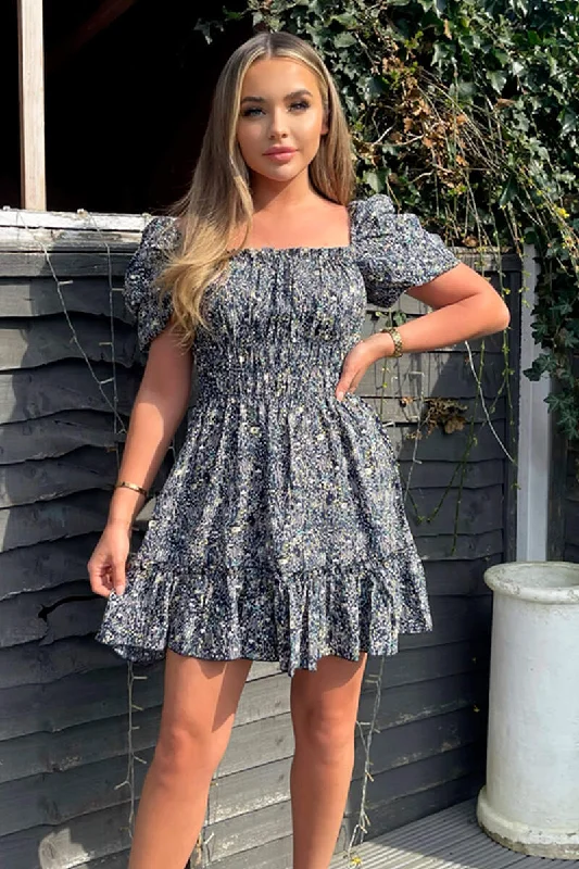 Navy Printed Puff Sleeve Shirred Mini Dress