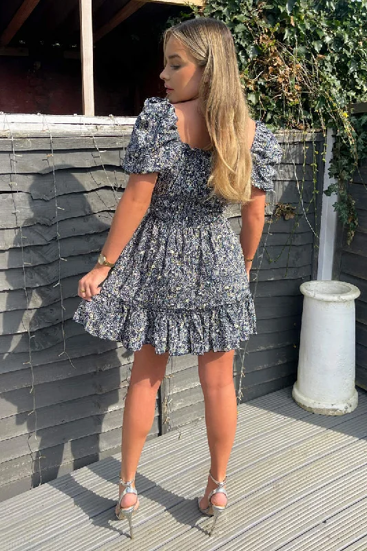 Navy Printed Puff Sleeve Shirred Mini Dress