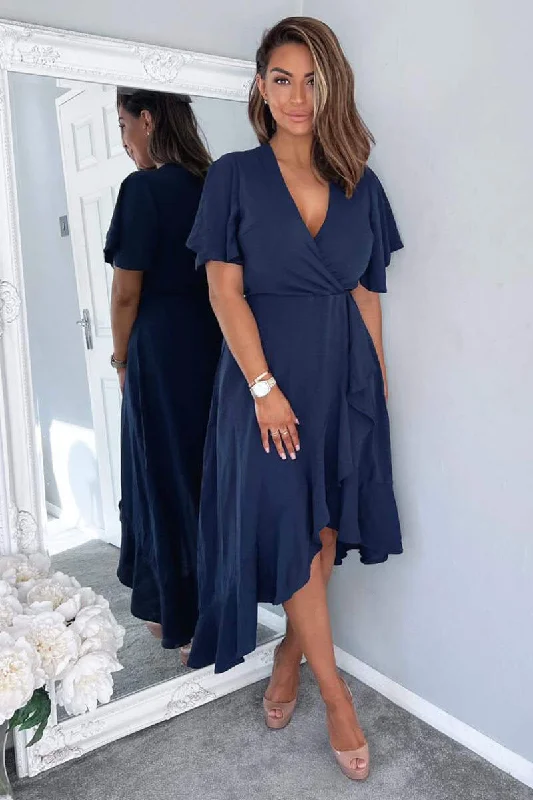 Navy Wrap Over Top Frill Hem Midi Dress