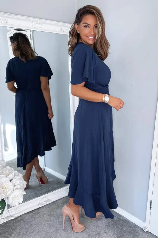 Navy Wrap Over Top Frill Hem Midi Dress