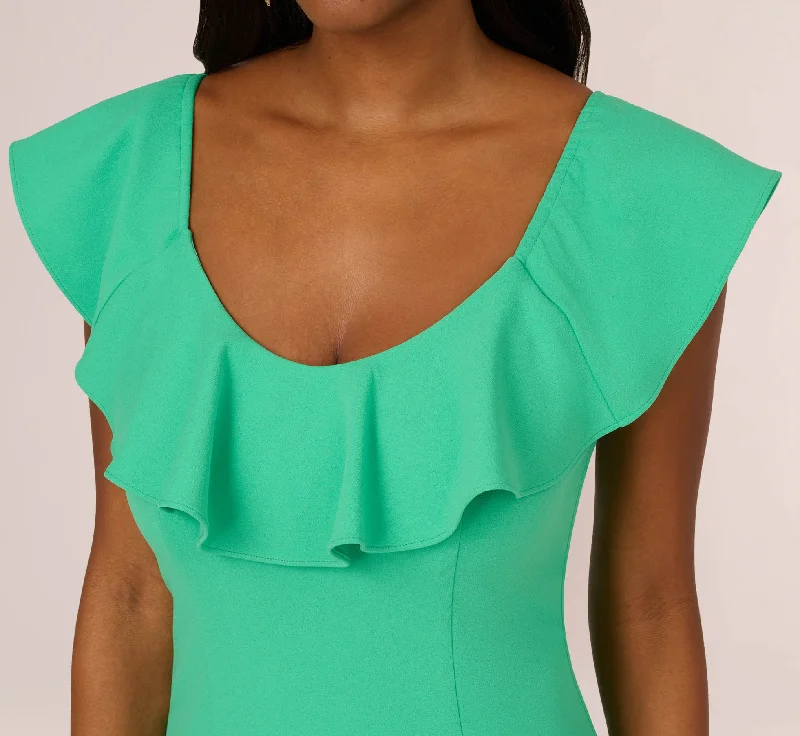 Off The Shoulder Midi Dress With Ruffle Details In Flora Green