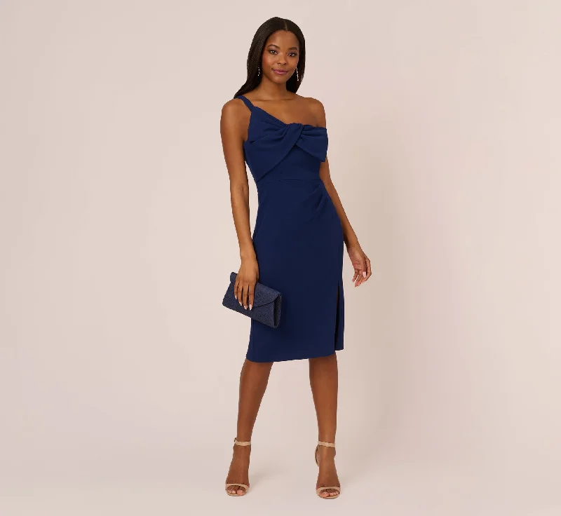 One Sleeve Sheath Dress With Bow Neckline In Navy Sateen