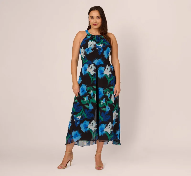 Plus Size Floral Print Chiffon Cropped Jumpsuit With Wide Legs In Black Multi