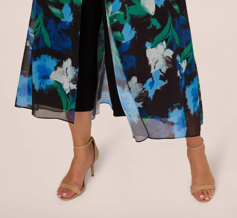 Plus Size Floral Print Chiffon Cropped Jumpsuit With Wide Legs In Black Multi