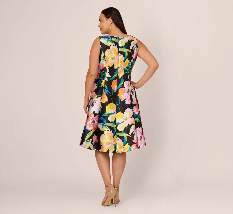 Plus Size Floral Print Mikado Sleeveless Dress With High Low Skirt In Black Multi