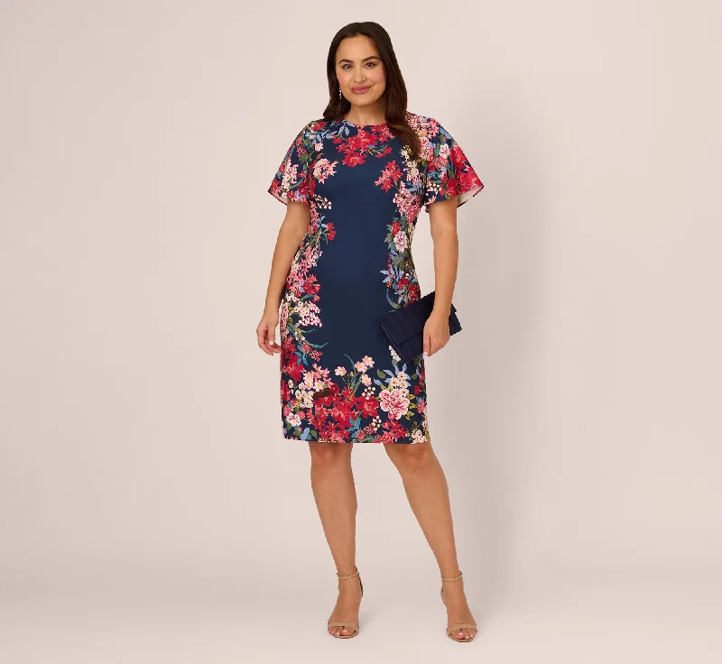 Plus Size Floral Print Twill Sheath Dress With Flutter Short Sleeves In Navy Multi