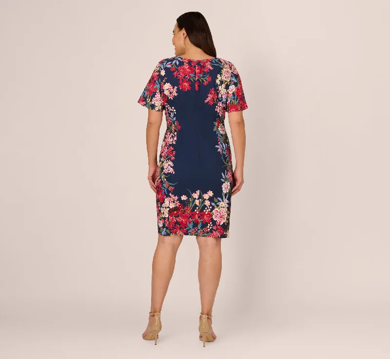 Plus Size Floral Print Twill Sheath Dress With Flutter Short Sleeves In Navy Multi