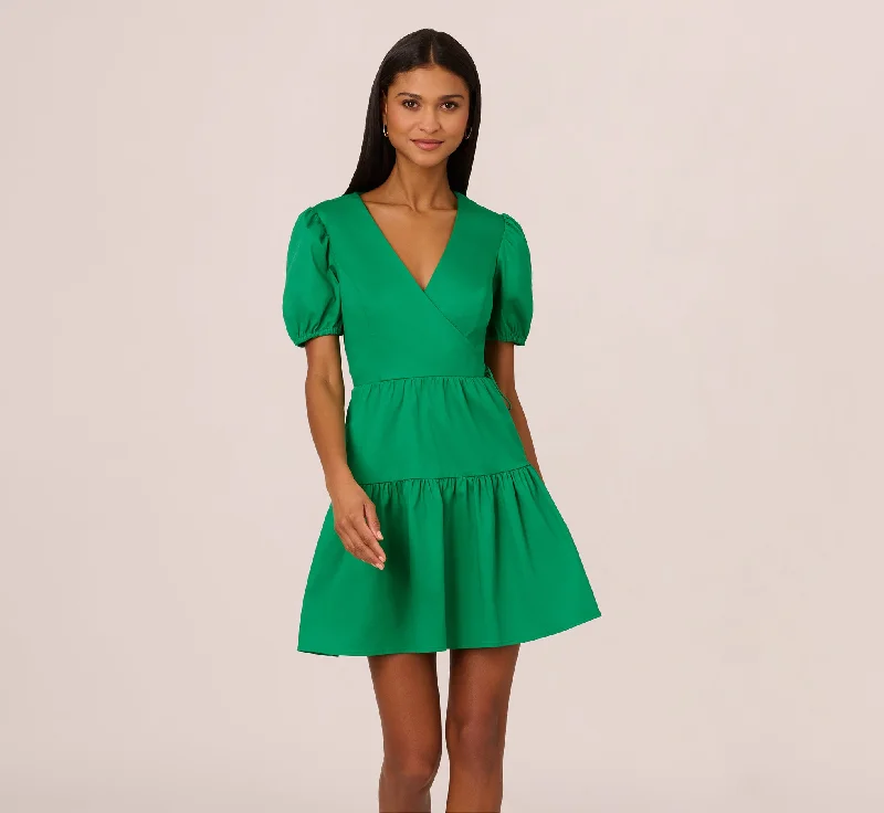 Puff Short Sleeve Dress With Tiered Skirt In Green