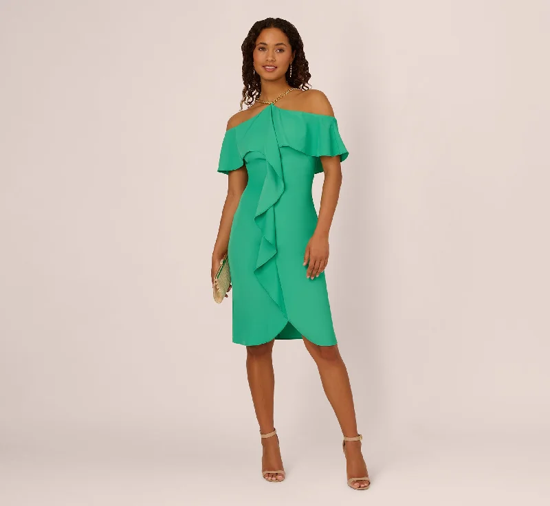 Ruffle Popover Midi Dress With Chain Halter Neckline In Flora Green