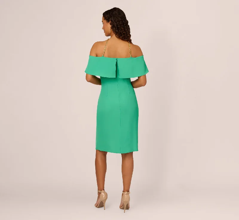 Ruffle Popover Midi Dress With Chain Halter Neckline In Flora Green