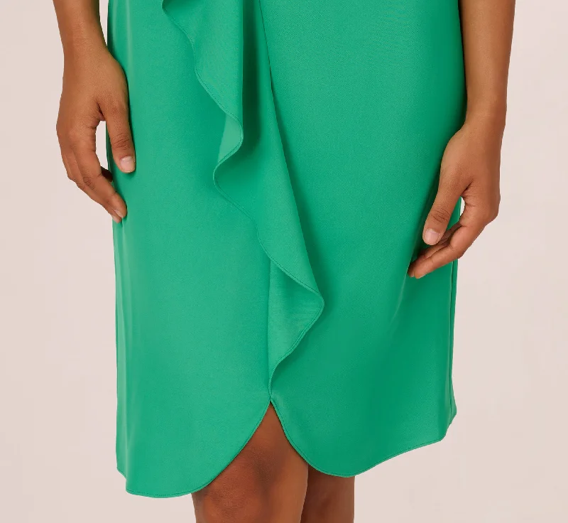 Ruffle Popover Midi Dress With Chain Halter Neckline In Flora Green