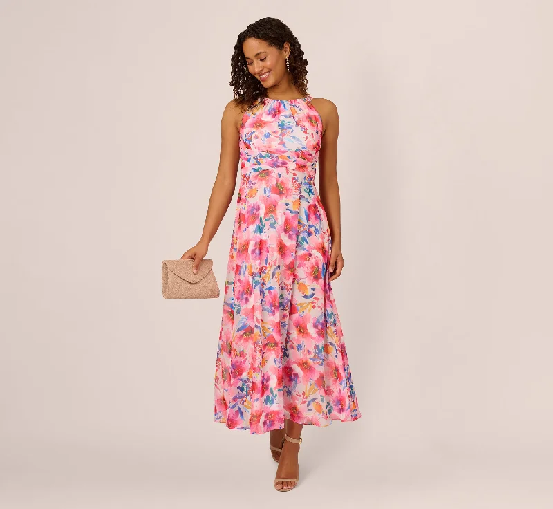 Sleeveless Floral Chiffon Halter Dress With Tie Waist In Ivory Multi