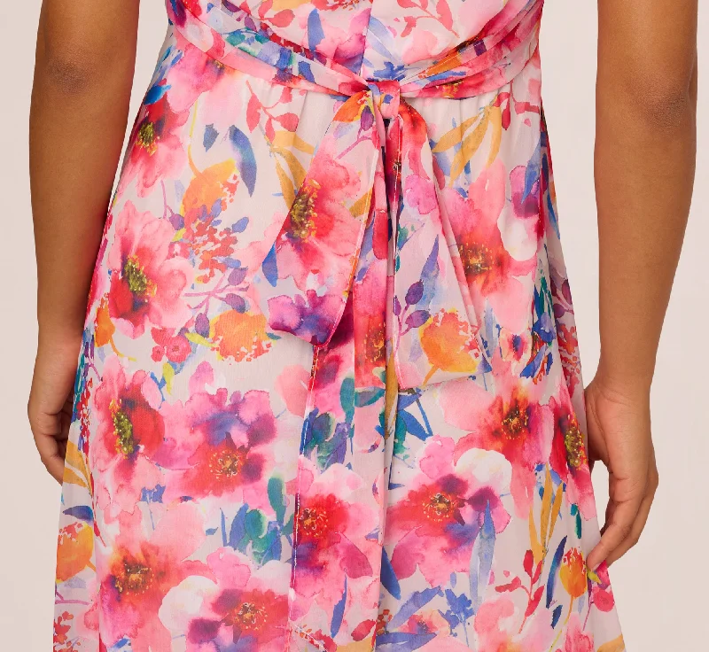 Sleeveless Floral Chiffon Halter Dress With Tie Waist In Ivory Multi