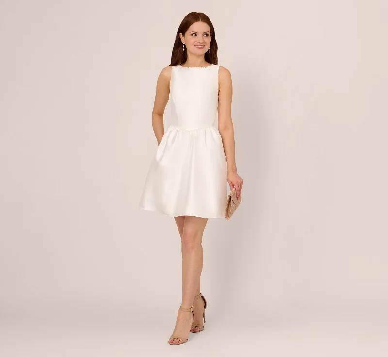 Sleeveless Mikado Fit And Flare Dress With Pearl Beaded Trim In Ivory