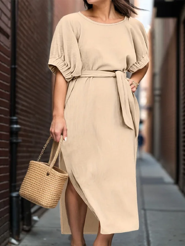 Slit Round Neck Tie Waist Midi Dress