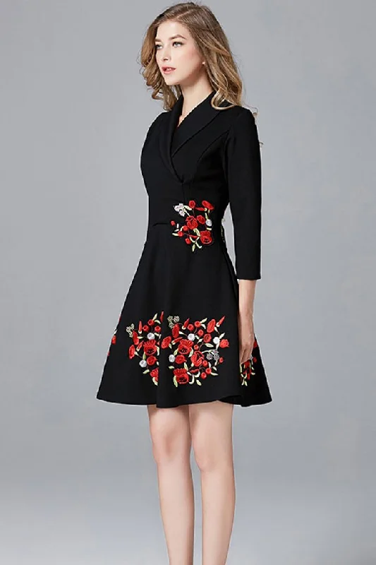 Three Quarter Sleeve Embroidered Surplice A-line Dress - L in Clearance