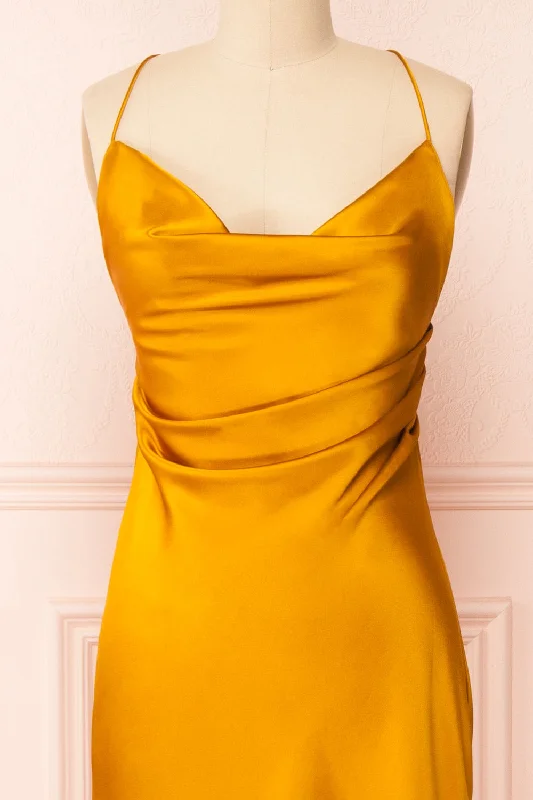 Areane Yellow | Cowl Neck Satin Maxi Dress w/ Chain