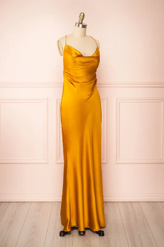 Areane Yellow | Cowl Neck Satin Maxi Dress w/ Chain