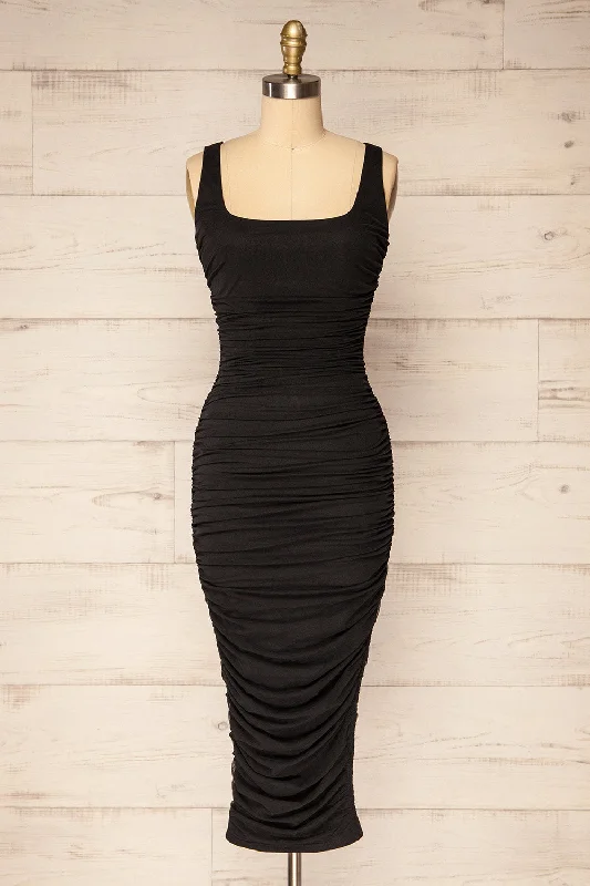 Fecho Black | Fitted Ruched Midi Dress