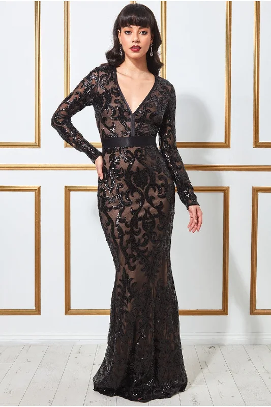 Goddiva Embroidered Sequin & Mesh Maxi Dress - Black