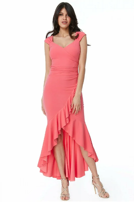 Goddiva High Low Frill Hem Maxi Dress - Coral