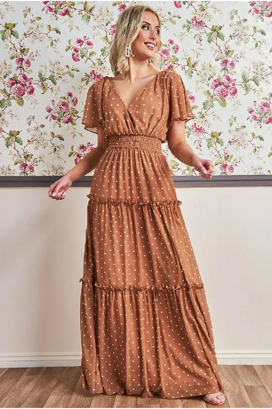 Goddiva Polka Dot Tiered Chiffon Maxi Dress - Brown