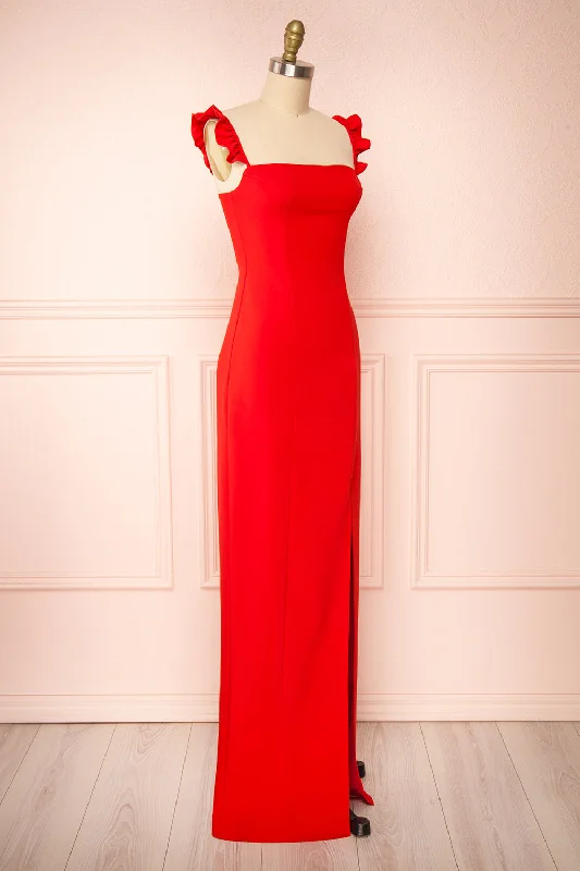 Mia Red | Maxi Dress w/ Ruffled Straps