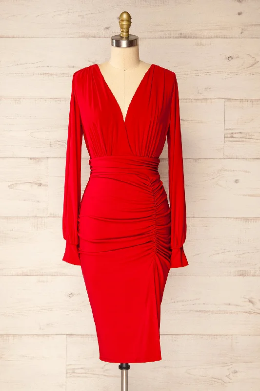 Pessac Red | Fitted Midi Dress w/ Long Sleeves