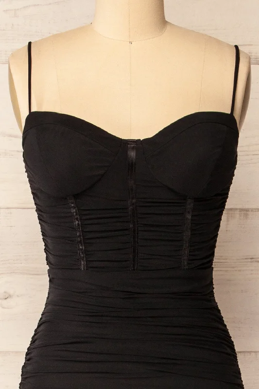 Venise Black | Fitted Ruched Midi Dress w/ Bustier Bodice