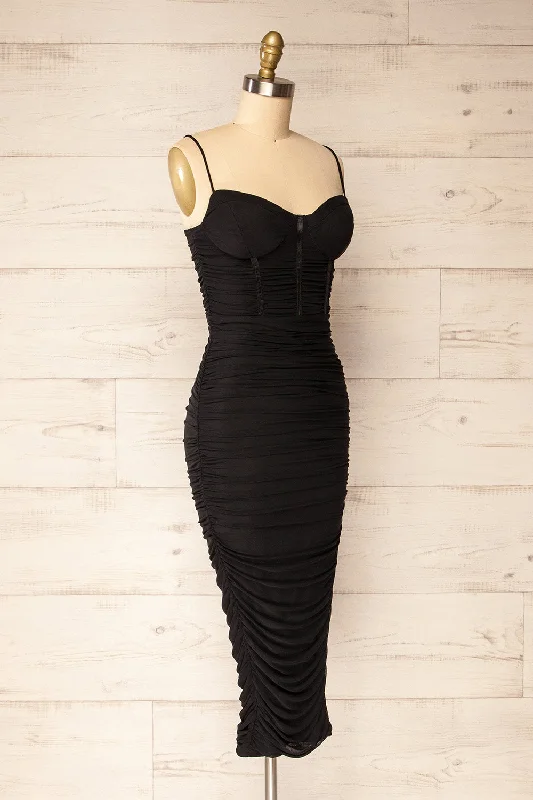 Venise Black | Fitted Ruched Midi Dress w/ Bustier Bodice