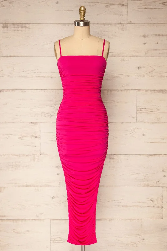 Yurtof Fuchsia | Fitted Ruched Midi Dress