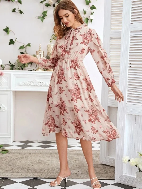 KittenAlarm - Floral Print Neck Tie Elastic Waist Lantern Sleeve Dress