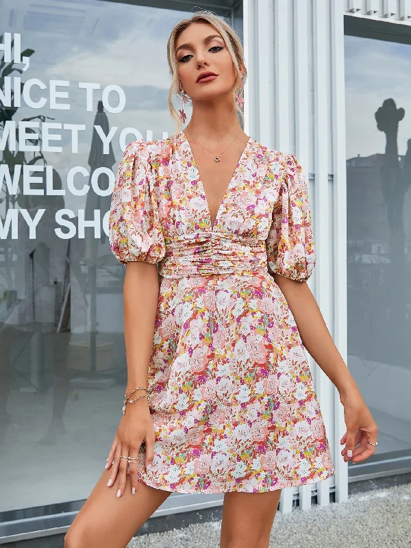 KittenAlarm - Allover Floral Print Puff Sleeve V neck Dress