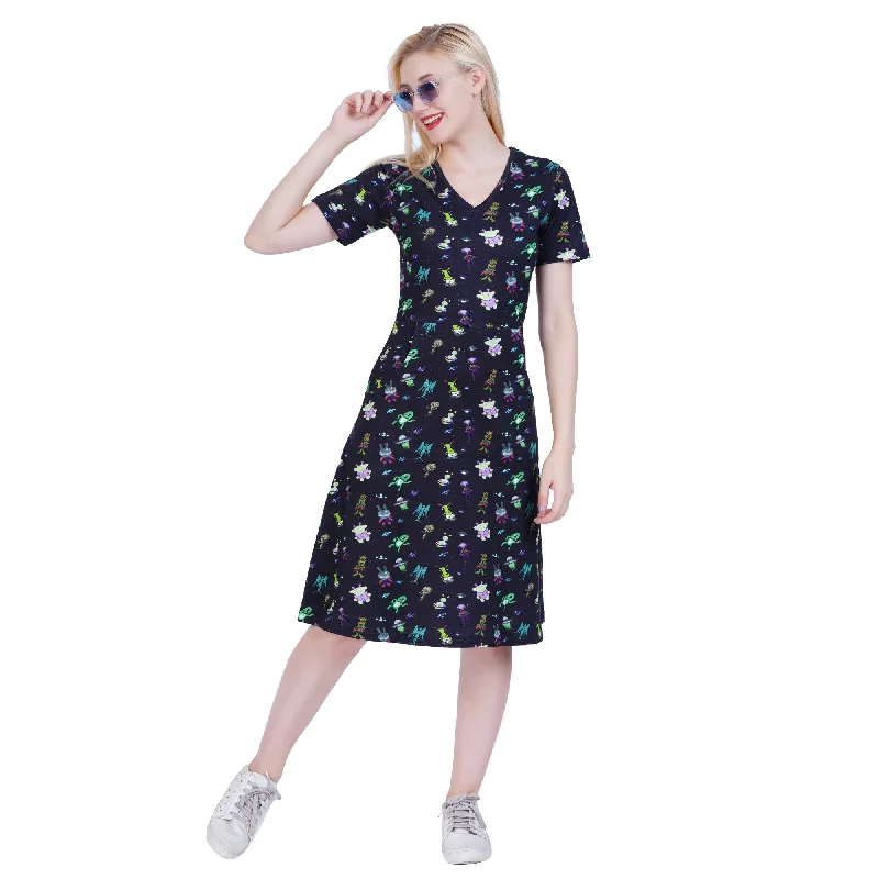 Aliens Art A-Line Dress (With Waist Seam)