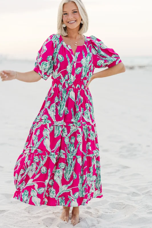 All You Hot Pink Floral Midi Dress