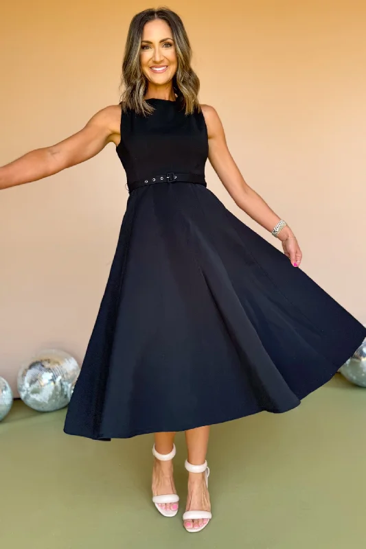 Black Boat Neck Self Belt Full Skirt Midi Dress