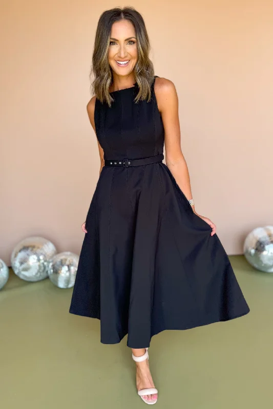 Black Boat Neck Self Belt Full Skirt Midi Dress