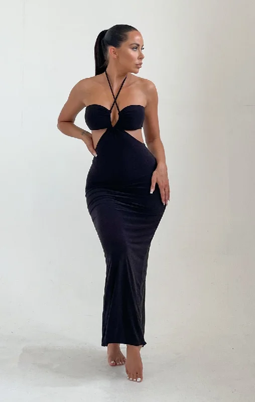 Black Cut Out Strappy Halter Neck Maxi Dress - Shiva