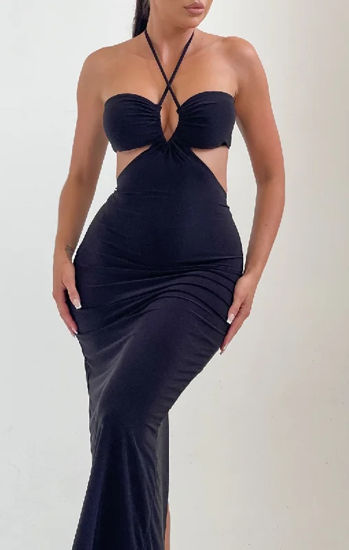 Black Cut Out Strappy Halter Neck Maxi Dress - Shiva