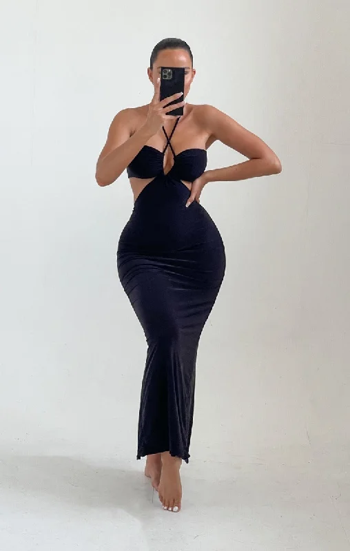 Black Cut Out Strappy Halter Neck Maxi Dress - Shiva