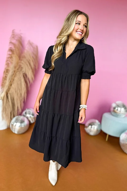 Black Smocked Cuff Short Sleeve Collared Tiered Dress