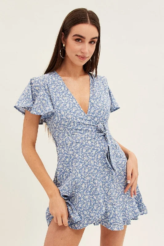 Blue Floral Wrap Dress Short Sleeve Mini Fit And Flare