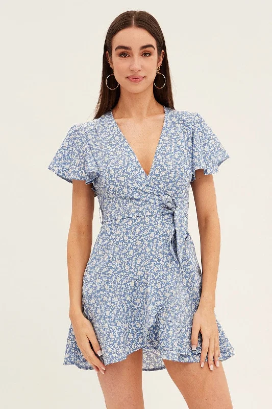 Blue Floral Wrap Dress Short Sleeve Mini Fit And Flare