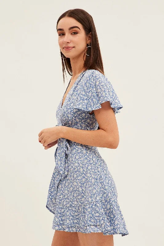 Blue Floral Wrap Dress Short Sleeve Mini Fit And Flare