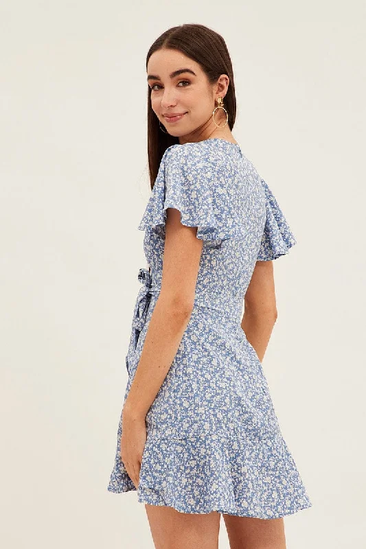 Blue Floral Wrap Dress Short Sleeve Mini Fit And Flare