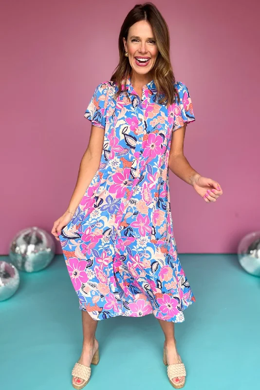 Blue Multi Floral Collared Short Sleeve Button Down Shirt Dress