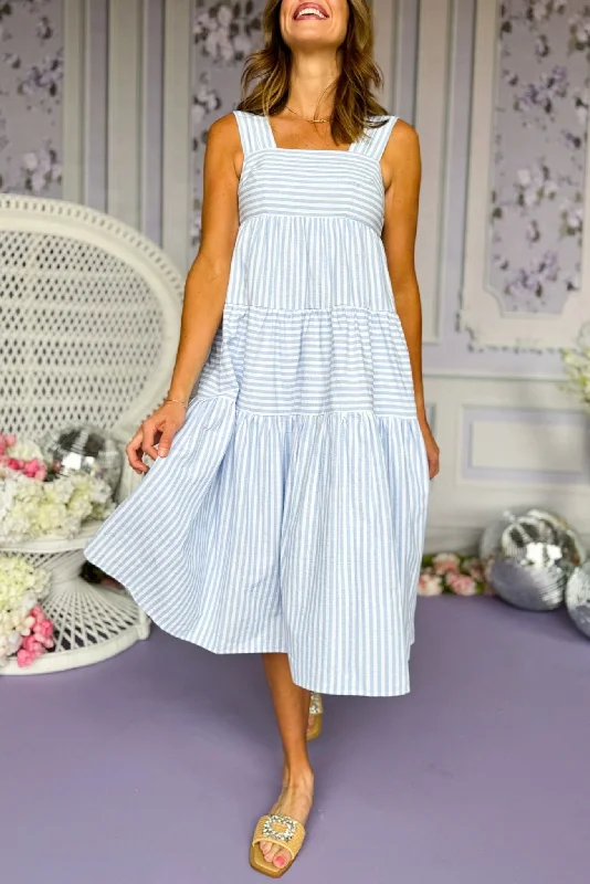 Blue Striped Multi Tiered Midi Dress